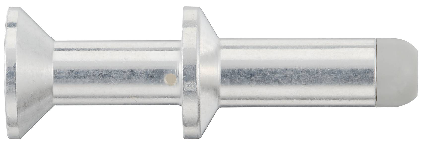 Metallischer Bolzen mit konischen und zylindrischen Teilen, endet in einer flachen Kappe.