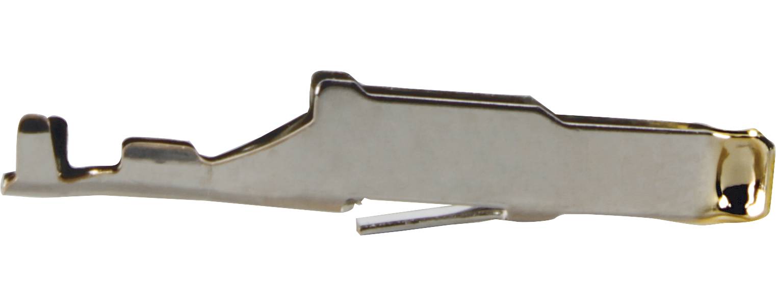 Metallclip, seitlich fotografiert, zeigt eine gezackte Form mit einem abstehenden Stift an der Unterseite.
