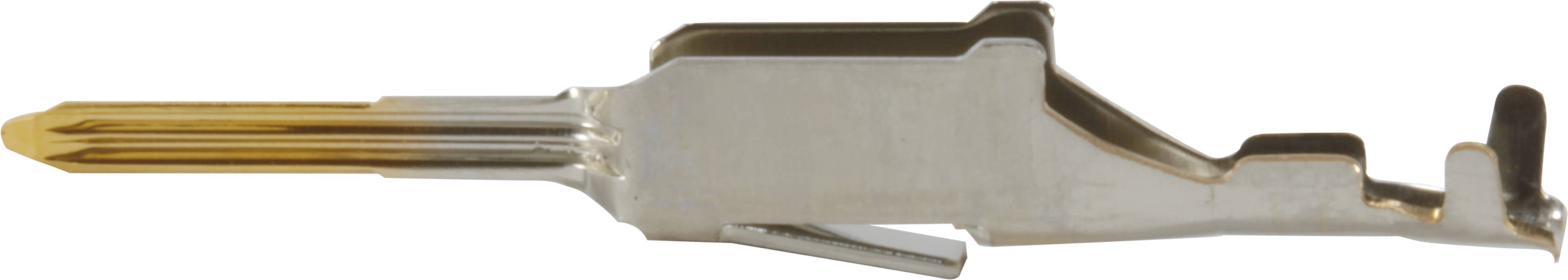 Ein Metallkontaktstift mit silbernem Körper und goldenem Ende, das Leitfähigkeit und elektrischen Kontakt ermöglicht.