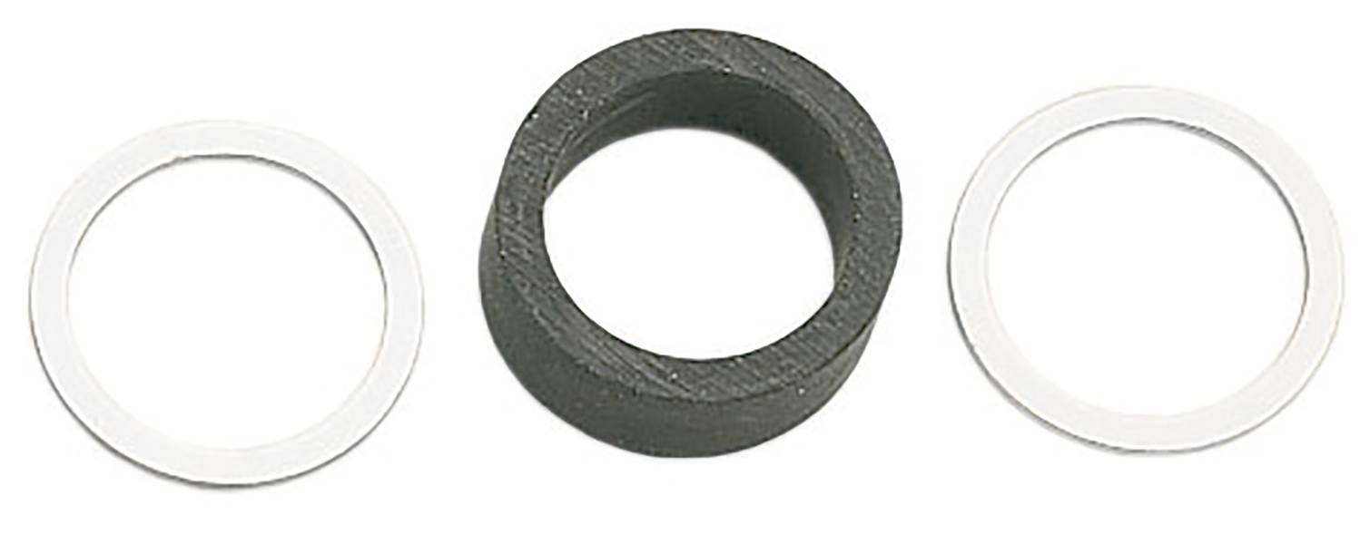 Drei Dichtungsringe: zwei weiße Ringe flankieren einen schwarzen Ring in der Mitte. Sie werden zur Abdichtung in mechanischen Anwendungen genutzt.