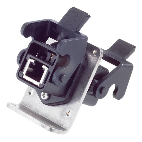 Ein schwarzes und silbernes mechanisches Teil mit einer Befestigungsplatte, das möglicherweise zu einem elektronischen oder technischen Gerät gehört.