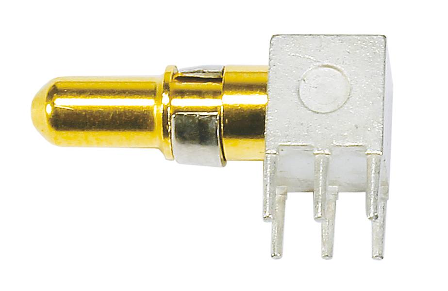 Ein goldener Koaxialstecker mit drei Metallstiften zur Montage. Der Stecker ist zylindrisch mit einer rechteckigen Basis.