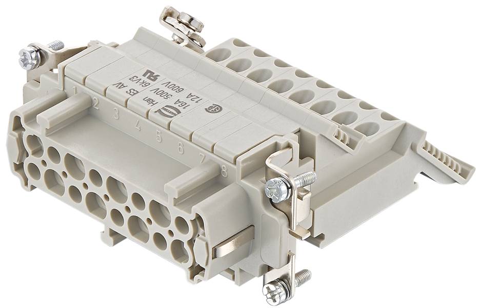 Ein elektrischer Steckverbinder mit mehreren Steckplätzen und Befestigungsschrauben, geeignet für industrielle Anwendungen.