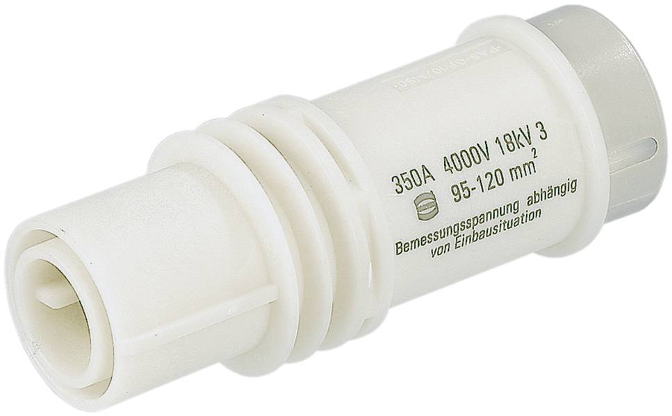 Weiße elektrische Steckverbindung mit Aufschrift '350A 4000V 18kV 3' und '95-120 mm'. Bemessungsspannung abhängig von Einbausituation.