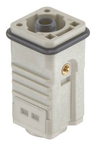 Ein grauer, quadratischer elektrischer Anschlussadapter mit zwei Löchern oben und einem Gewinde an der Seite.