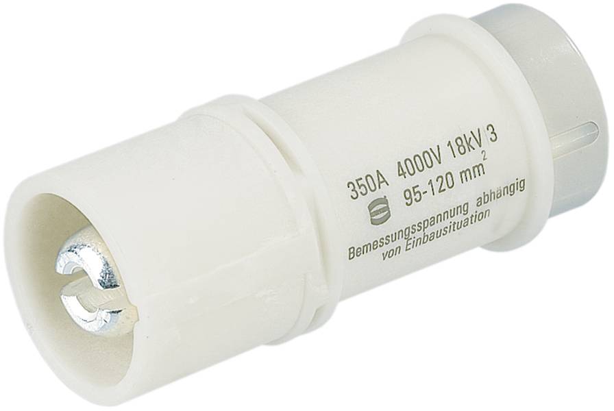 Weiße zylindrische Hochleistungssicherung mit Aufschrift: '350A 4000V 18kV 95-120 mm²'. Geeignet für elektrische Hochspannungsanwendungen.