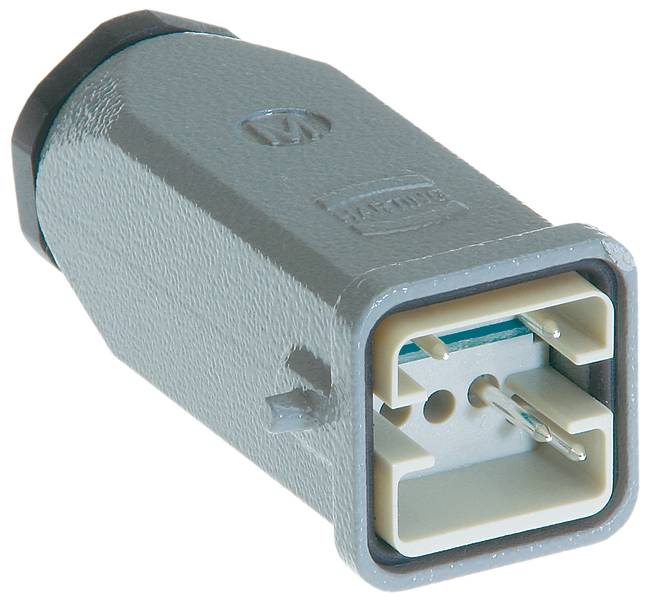 Grauer elektrischer Stecker mit rechteckigem Anschluss und zwei Löchern zur Befestigung.
