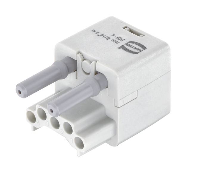 Ein weißer elektrischer Steckverbinder mit zwei grauen Stiften, geeignet für den Anschluss in elektronischen Geräten.