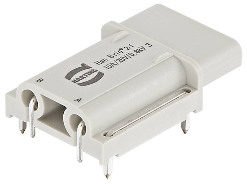 Ein grauer elektrischer Stecker mit HARTING-Logo, drei runden Stiften und der Aufschrift 'Han Brid 2+1', 10A/250V, 0,8 kV.