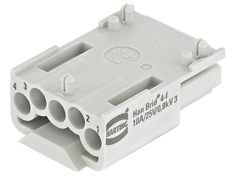 Ein grauer fünffach-Steckverbinder mit der Aufschrift 'Han Brid 4-f, 10A/25V, 0,8kV 3' und dem HARTING-Logo links seitlich.