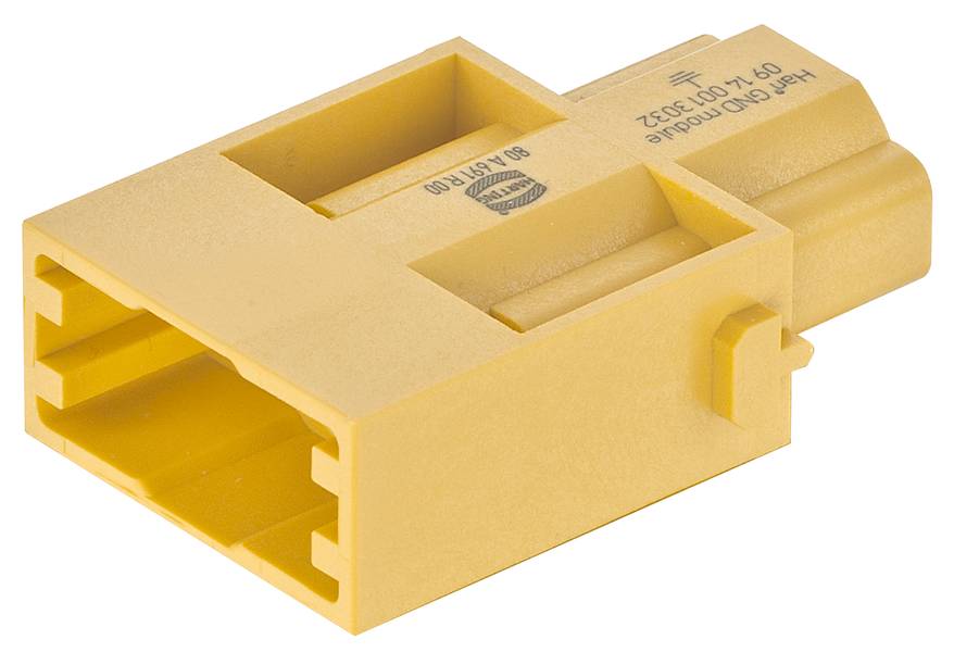 Gelber elektrischer Steckverbinder mit rechteckiger Form, seitlicher Anschlussvorrichtung und Markierungen oben.