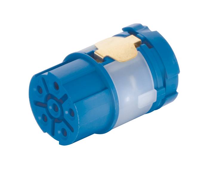 Blauer, zylindrischer Kartuschenmechanismus mit Metallklemmen, vermutlich Teil eines Wasserhahnventils.