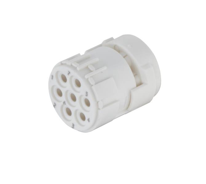 Anschlusstecker mit mehreren runden Buchsen, weiß, seitliche Ansicht.