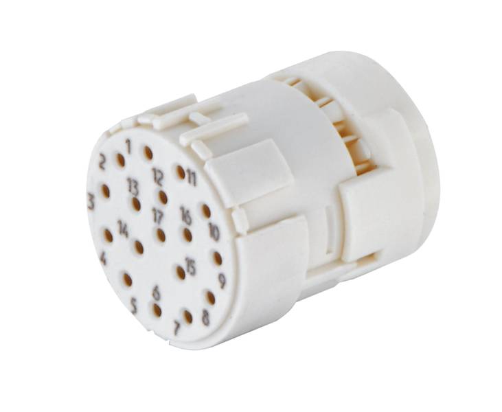 Weißer elektrischer Stecker mit mehreren nummerierten Löchern für Verbindungspins.