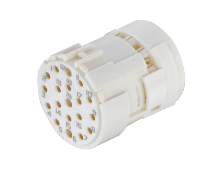 Weißer Mehrpol-Stecker mit nummerierten Kontakten, geeignet für elektronische Verbindungen. Zylindrische Form mit Kunststoffgehäuse.