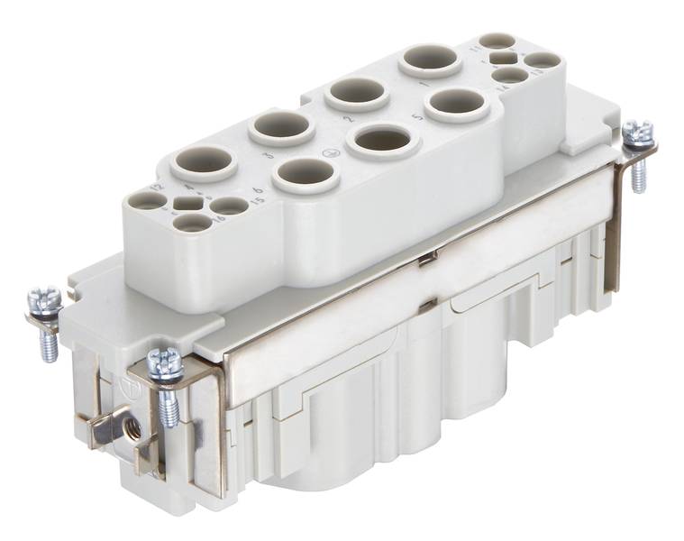 Grauer elektrischer Steckverbinder mit mehreren runden und rechteckigen Anschlüssen, Montage-Hardware an den Seiten.