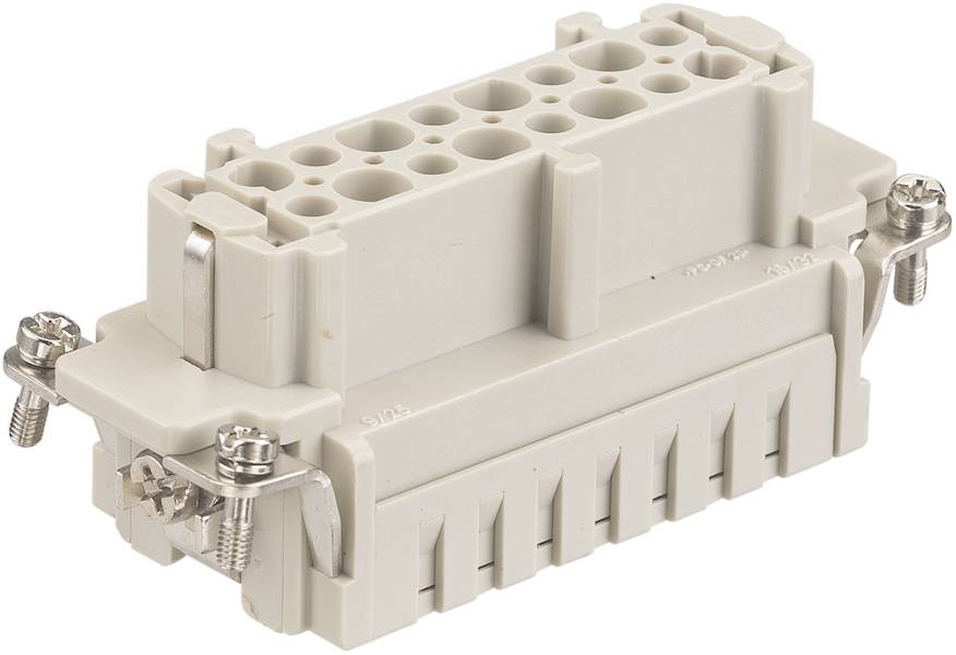 Ein graues, rechteckiges elektrisches Steckverbindermodul mit mehreren Anschlussöffnungen und zwei seitlichen Schraubbefestigungen.