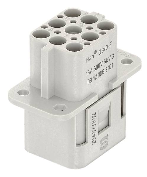 Ein grauer elektrischer Steckverbinder mit mehreren Steckplätzen, Etiketten sind sichtbar: 'Han® Q 8/0-F', '16A 500V 6kV 3'.