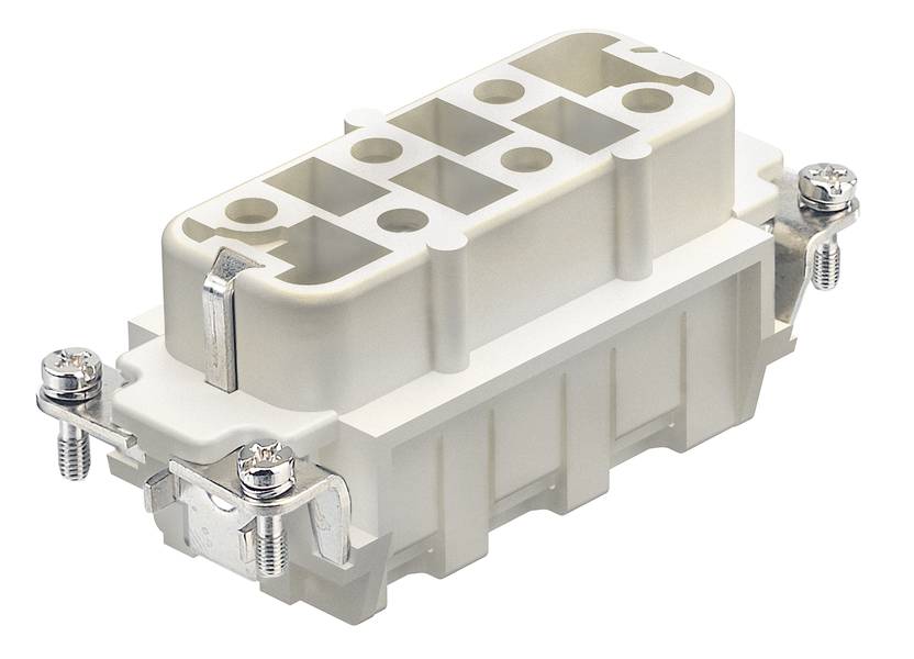 Weißer elektrischer Stecker mit mehreren Anschlusspunkten und zwei seitlichen Metallverschlüssen.