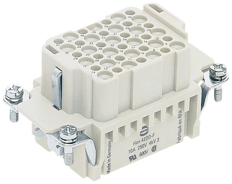 Ein rechteckiger elektrischer Steckverbinder mit spezifischen Pin-Nummern und -Anschlüssen, geeignet für 10A, 250V oder 600V Anwendungen.