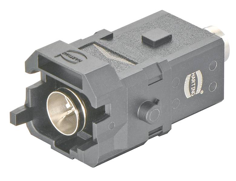 Schwarzer HARTING-Stecker, rechteckig, mit rundem Metallkontakt in der Mitte und Firmenlogo auf der Seite.