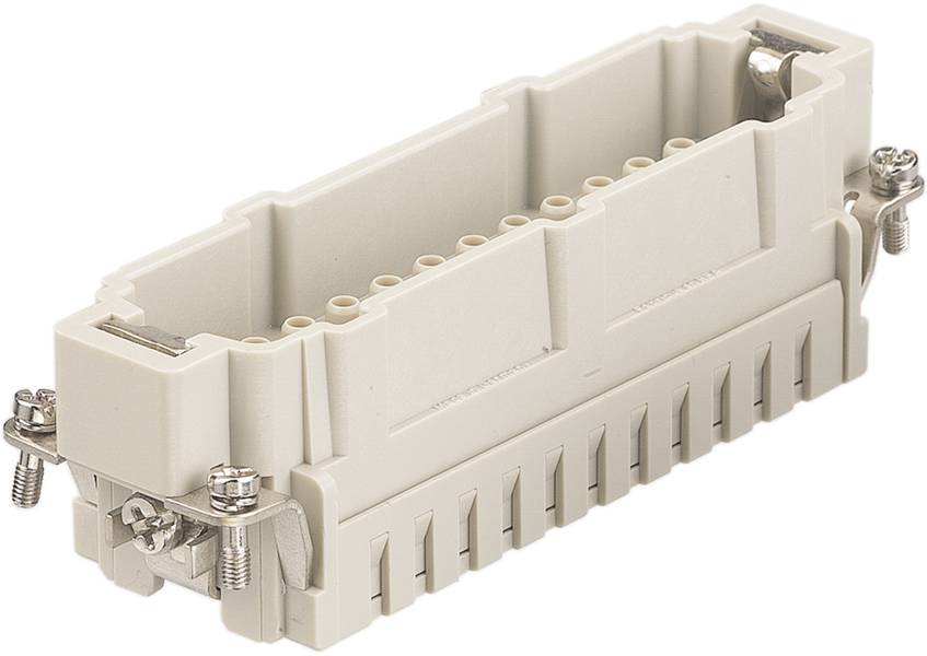 Ein rechteckiger, beigefarbener elektrischer Steckverbinder mit Schraubbefestigungen an den Seiten und mehreren Anschlussöffnungen.