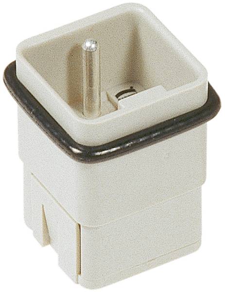 Nahaufnahme eines weißen elektrotechnischen Steckverbinders mit Metallstift und schwarzer Dichtung.