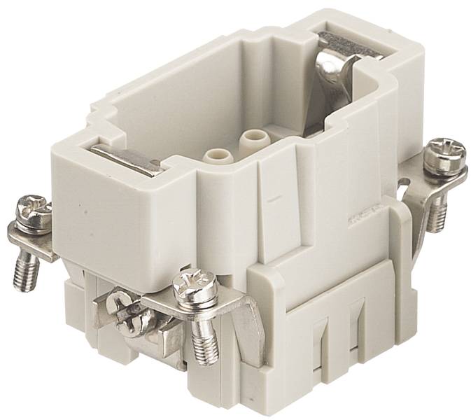 Ein weißer elektrischer Sockel mit zwei Klemmen an den Seiten, verwendet zum Anschluss von elektrischen Leitungen oder Geräten.
