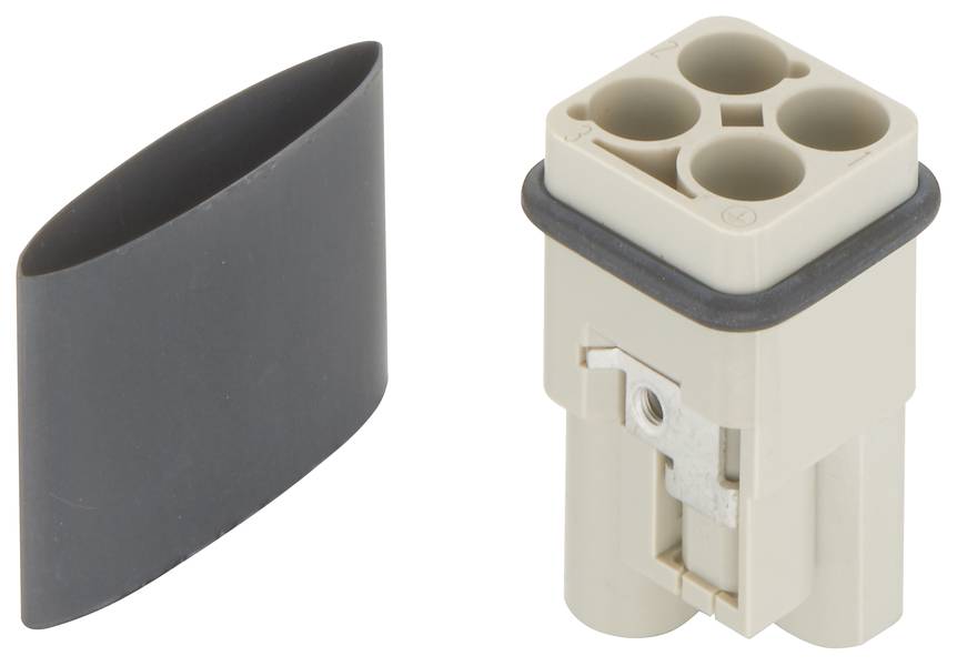 Kabelsteckergehäuse und Schrumpfschlauch, beige und schwarz. Hauptkomponenten eines Steckverbinders im Elektronikbereich.