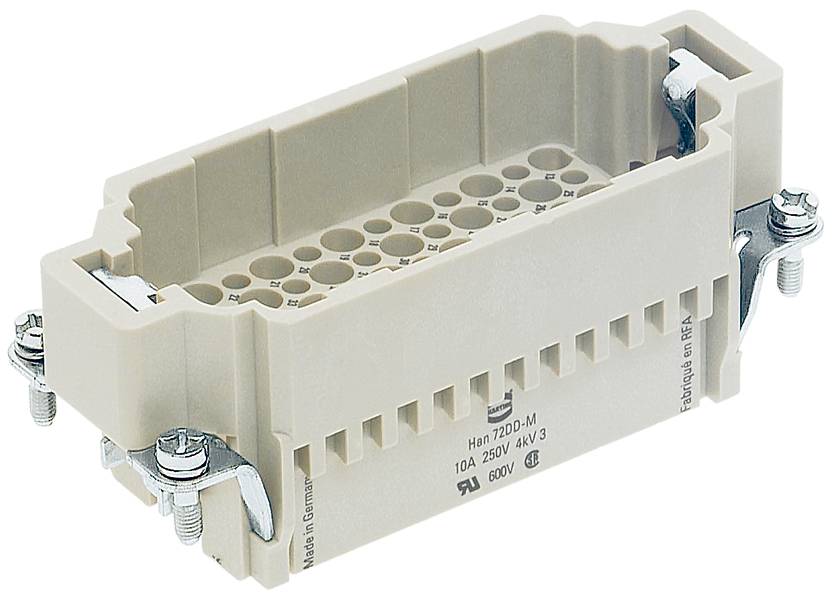 Ein rechteckiger Steckverbinder, beige, mit Schraubklemmen an den Seiten, für elektrische Verbindungen. Markierungen: '10A 250V', '600V'.