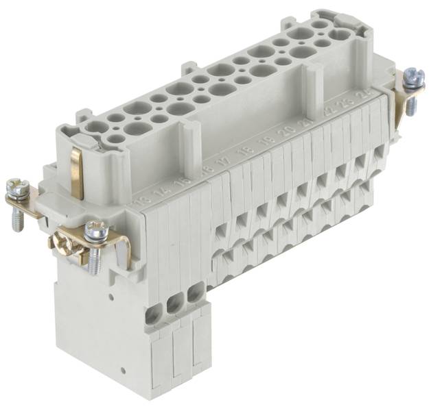 Ein graues, elektrisches Steckverbindermodul mit mehreren Anschlüssen und Schraubverbindungen, verwendet zur Kabelverbindung.