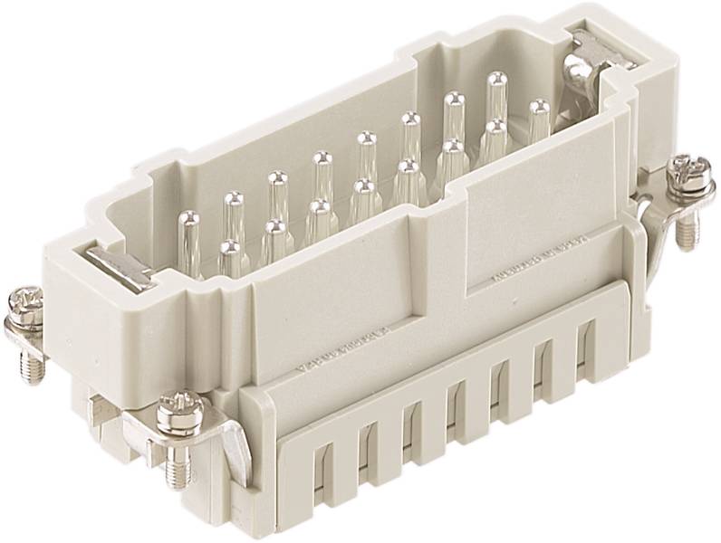 Stecker mit mehrfachen Metallstiften, montiert in einem rechteckigen Kunststoffgehäuse mit Schraubverbindungen an den Seiten.
