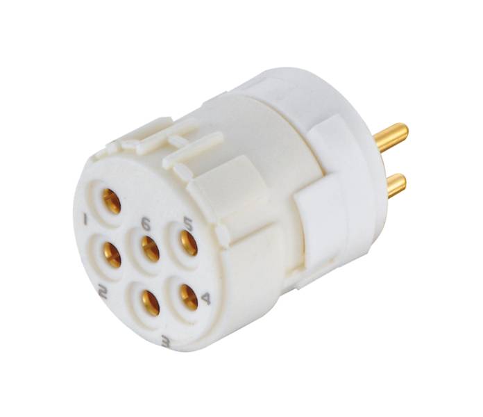 Ein weißer, runder Steckeradapter mit mehreren runden Anschlussbuchsen und zwei goldenen Stiften, geeignet für elektrische Verbindungen.