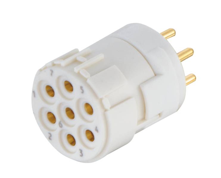 Ein weißer, zylindrischer elektrischer Stecker mit sieben nummerierten Löchern und drei goldenen Stiften, möglicherweise Adapter.