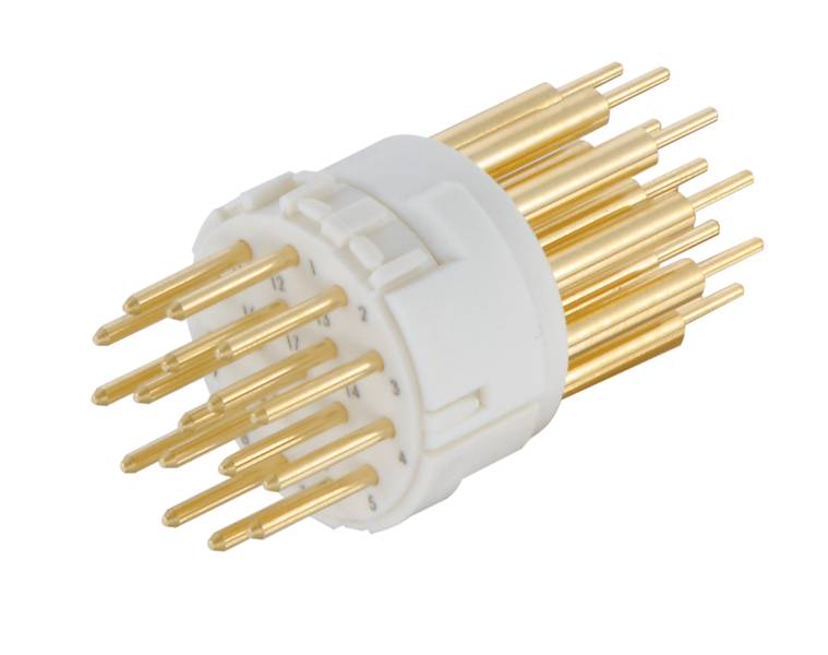 Elektrischer Steckverbinder mit mehreren goldenen Stiften und weißem Gehäuse, für präzise elektronische Verbindungen konzipiert.