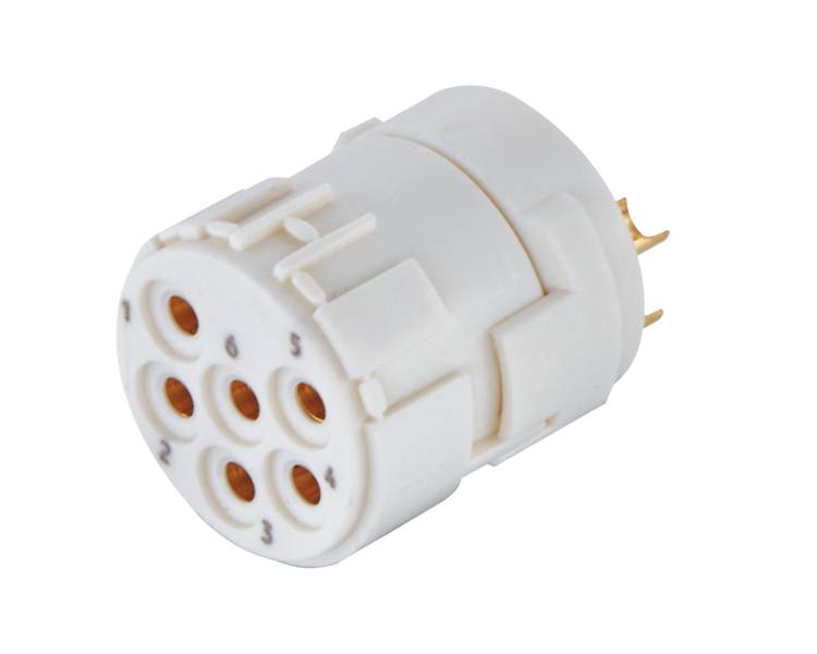Ein weißer, zylindrischer elektrischer Stecker mit sechs nummerierten Steckplätzen und goldenen Stiften.
