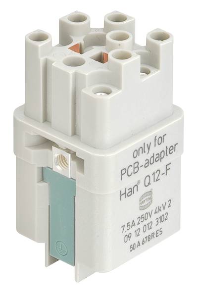 Industriesteckverbinder in Grau mit der Aufschrift 'only for PCB-adapter Han Q 12-F'. Geeignet für 7,5A, 250V, 4kV.