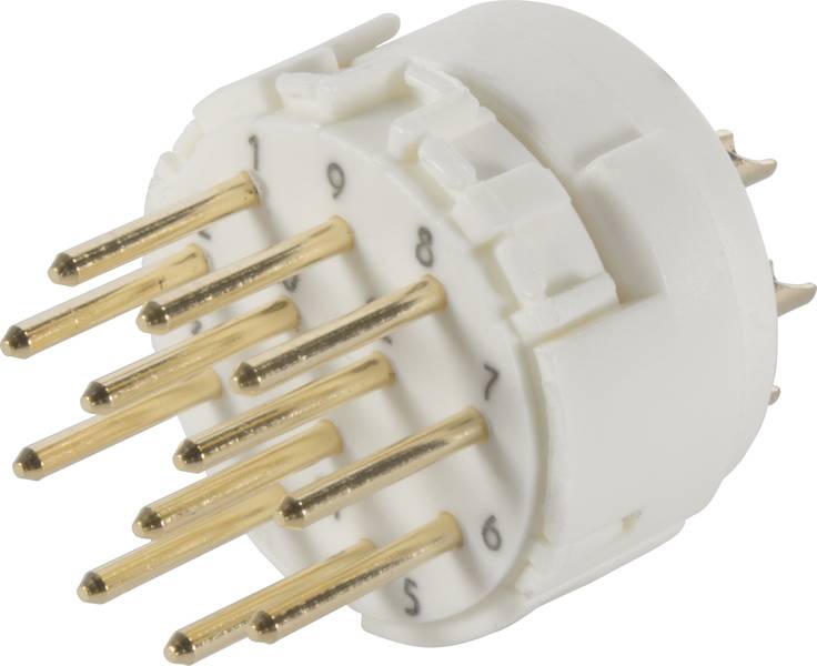 Ein zylindrischer Sockel mit neun vergoldeten Stiften für elektronische Bauteile, nummeriert von 1 bis 9.