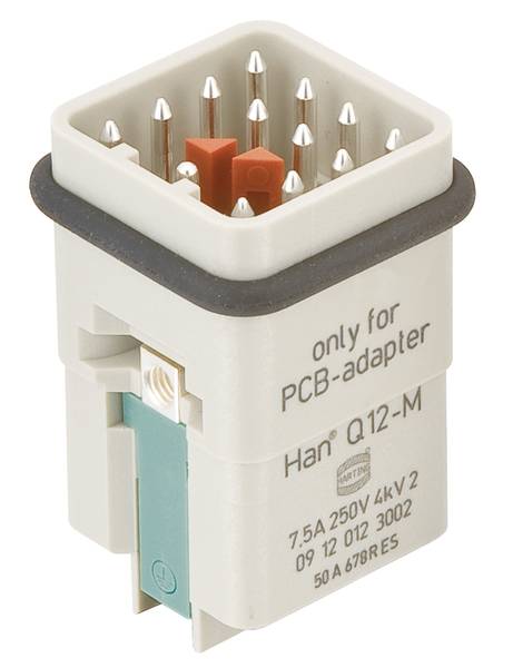Industrie-Steckverbinder für PCB-Adapter, rechteckig, mit mehreren Metallstiften, beschriftet mit Han Q12-M, elektrische Spezifikationen aufgedruckt.