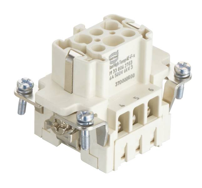 Industrieller Stecker mit robuster Bauweise und mehreren Anschlussmöglichkeiten. Schrauben zur Befestigung an den Seiten.