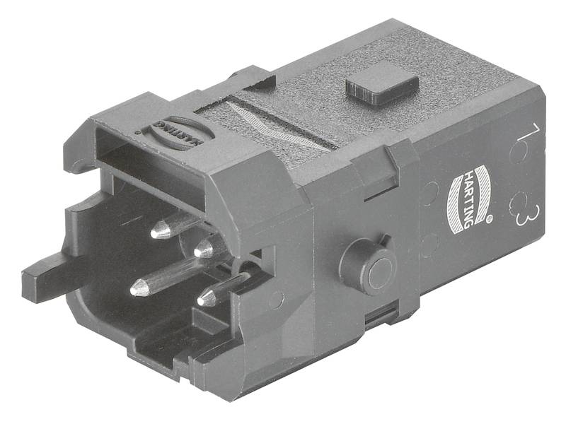 Ein schwarzer rechteckiger elektrischer Steckverbinder mit Pins, von der Marke Harting, liegt seitlich auf einem weißen Hintergrund.