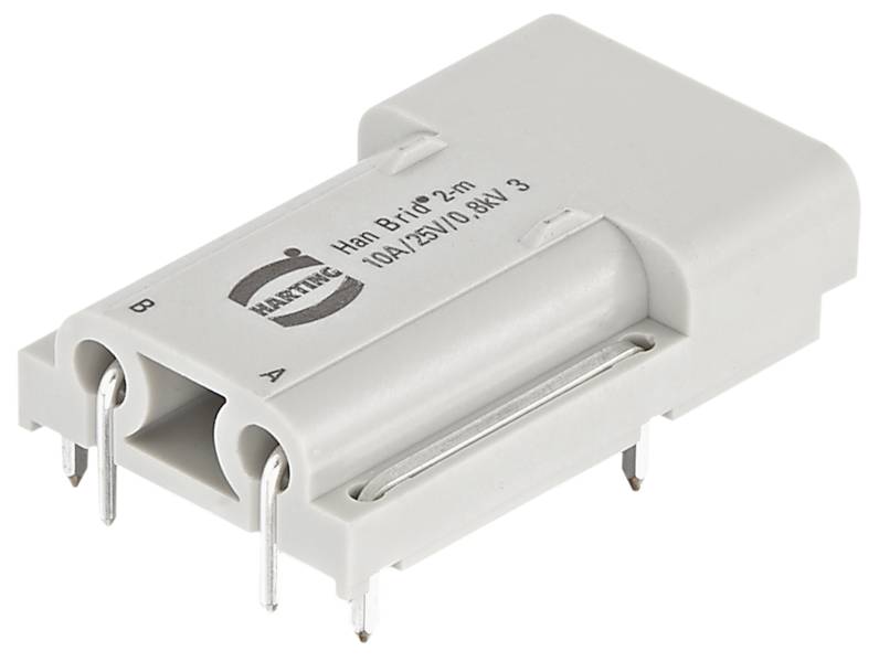 Ein weißer, rechteckiger elektronischer Steckverbinder für Platinen mit mehreren Metallstiften und dem Aufdruck 'Harting Han D'.