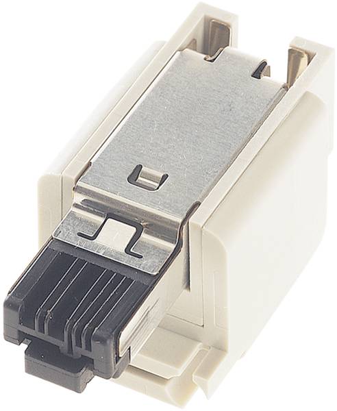 Ein Keystone-Modul für Netzwerkkabel, mit einem RJ45-Anschluss, silbernes Metalloberteil, weiße Kunststoffhülle.