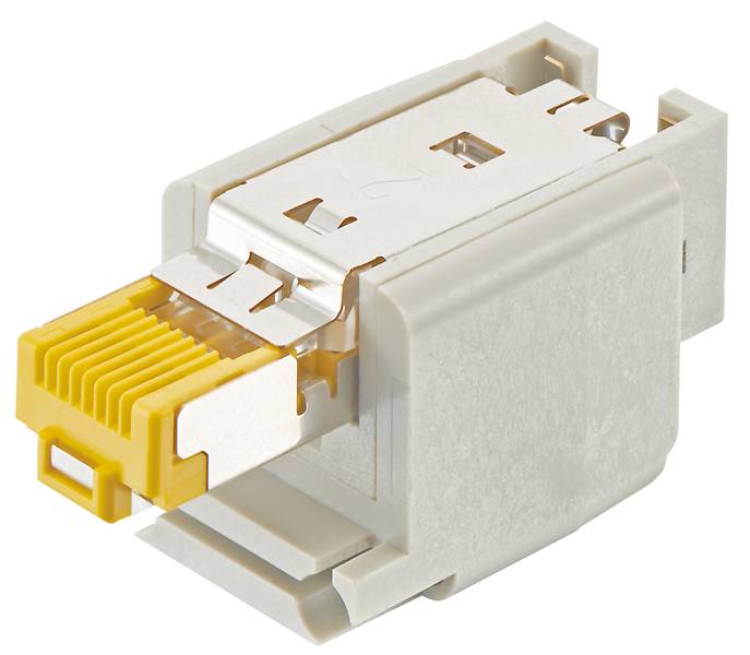 Ein gelber Ethernet-RJ45-Keystone-Stecker mit Kunststoffgehäuse wird aus der Nähe gezeigt.