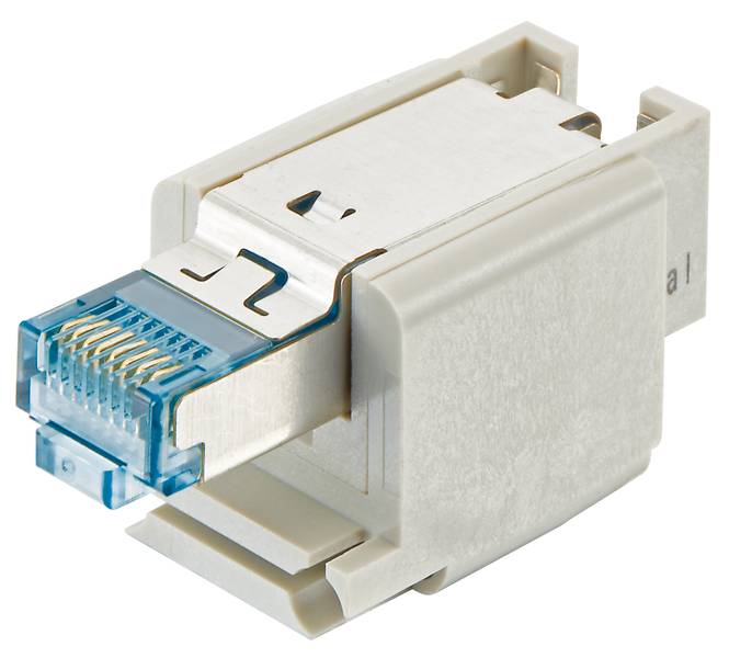 Ein RJ45-Netzwerkstecker in Nahaufnahme. Der Stecker ist silber und blau, geeignet für Ethernet-Verbindungen in Computernetzwerken.
