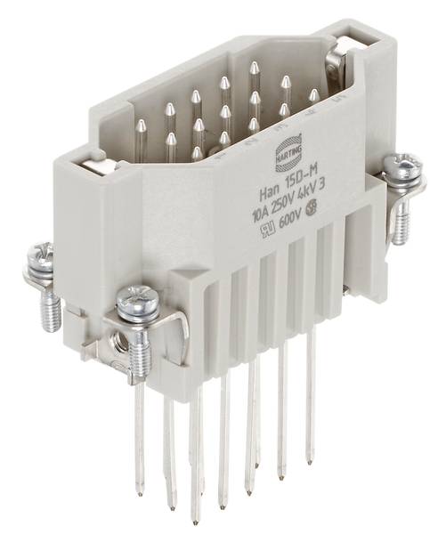 Grauer elektrischer Steckverbinder mit mehreren Metallpins, auf dem 'Han 15D-M 10A 250V 4kV 3' steht, umgeben von Schrauben.