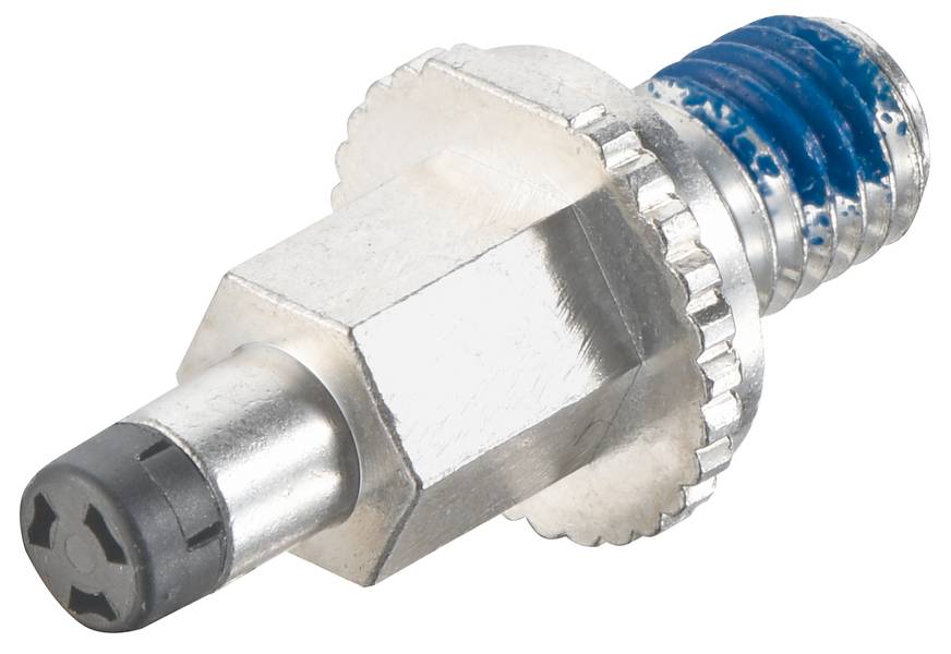 Ein silberner Metalladapter mit geriffeltem Rand und blauem Gewinde auf der rechten Seite, verwendet für hydraulische Anwendungen.