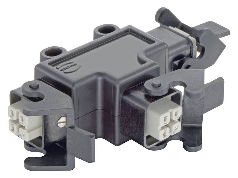 Ein schwarzer, rechteckiger elektrischer Stecker mit Befestigungsclips und zwei weißen Anschlussbereichen für Kabelverbindungen.