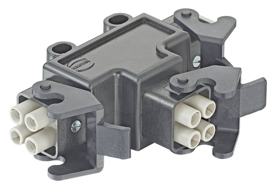 Ein schwarzer, mehrpoliger Stecker mit mehreren Steckverbindern und Befestigungsclips, geeignet für elektrische Anwendungen.