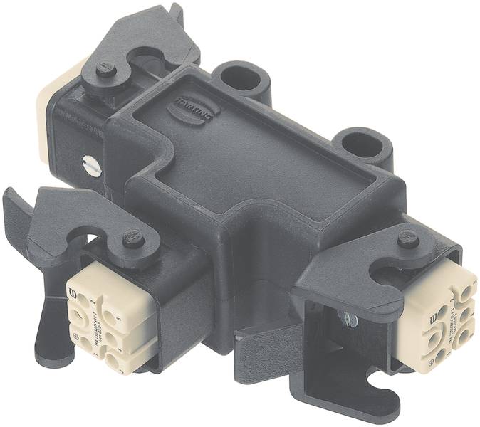 Schwarzes Kunststoffbauteil mit Steckverbindern an den Enden, möglicherweise ein elektrischer Verteiler oder Adapter.